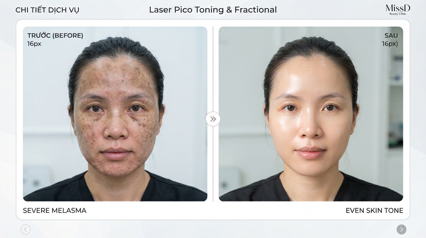 Dermatology case patient before and after treatment of severe hormonal melasma and freckles on forehead and temples with clear even skin tone and healthy barrier