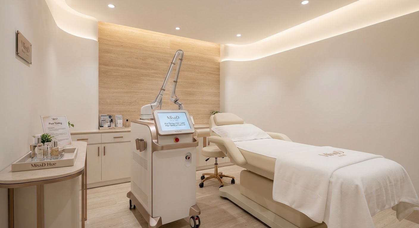 Bespoke clinical dermatology laser equipment in a luxury alabaster clinic room with soft perimeter halo lighting, warm travertine tones and brushed champagne bronze details at MissD Hue