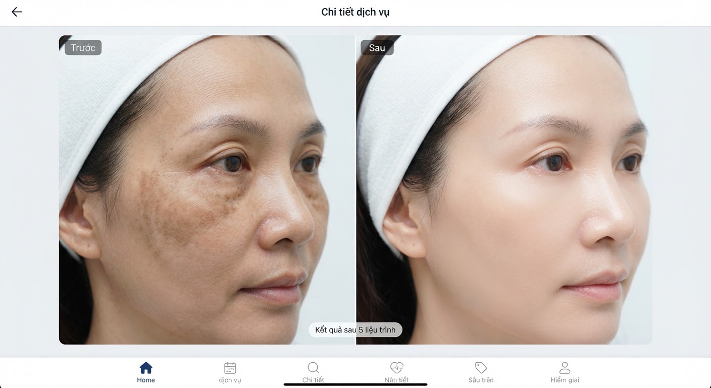 Clinical close-up before and after high-end medical laser treatment showing significant reduction of deep dermal melasma on Asian woman cheek with porcelain smooth radiant skin